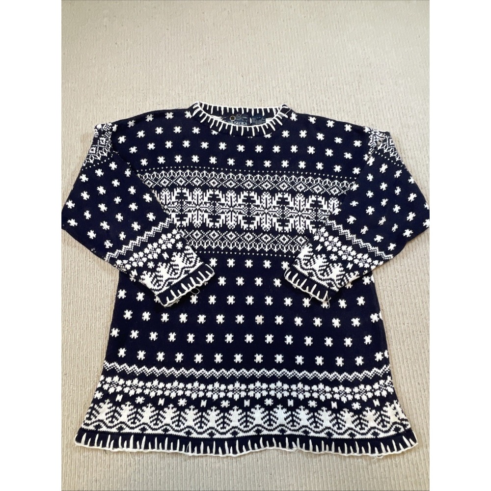 Vtg Muskoka Lakes Women's Large  Tunic Sweater Nordic Fair Isle Ski Cabin Navy
